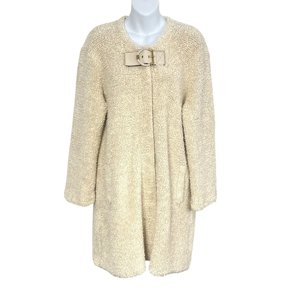 Tory‎ Burch Hibbert Buckle Tab Textured Coat Off White Cream Women's Size large